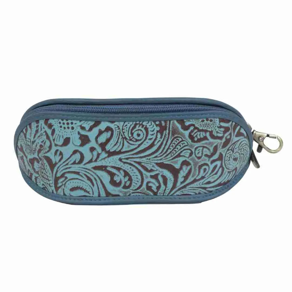 Back of the turquoise embossed sunglass case with its zip closure