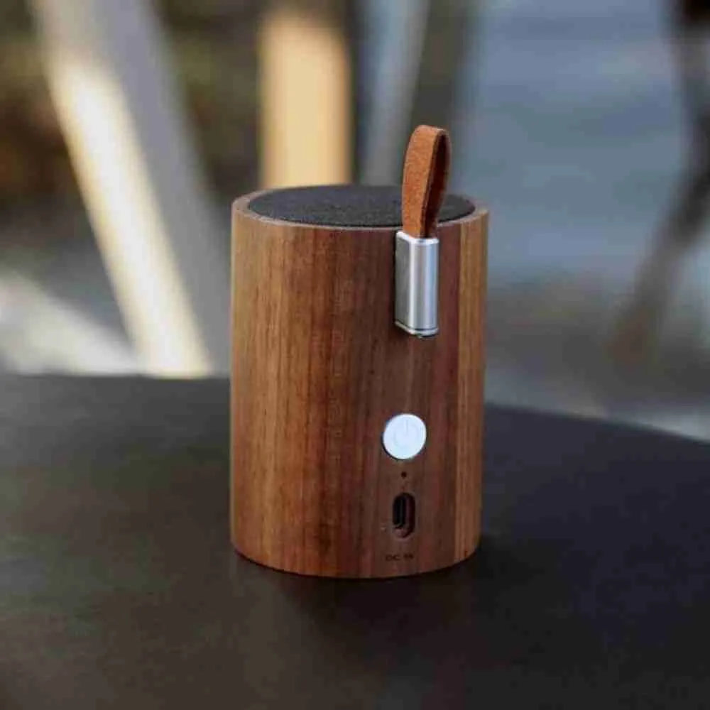Walnut drum light Bluetooth speaker with a leather strap