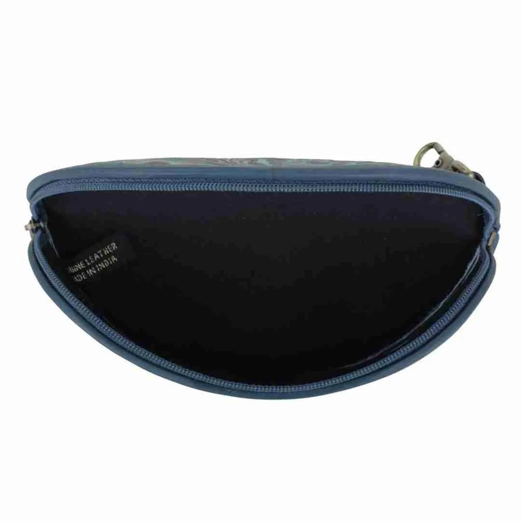 Embossed sunglass case open, showing the black quilted lining