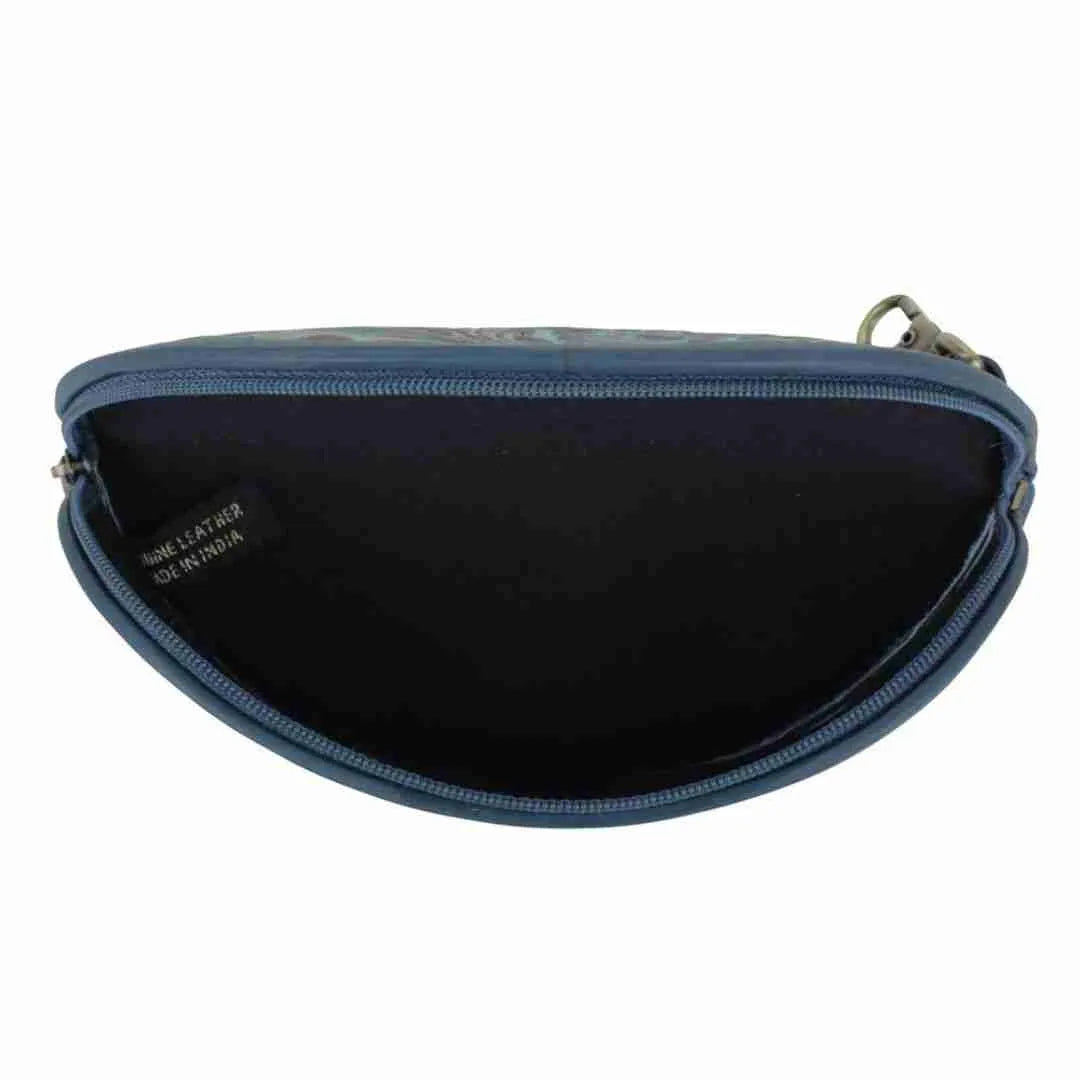 Embossed sunglass case open, showing the black quilted lining