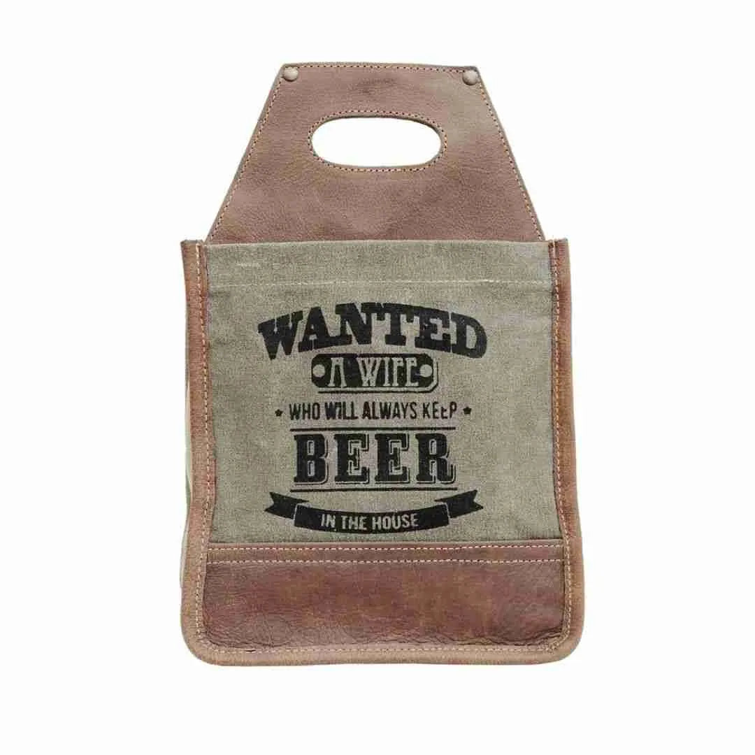 Front of the Wanted Wife beer caddy in olive canvas with leather trim