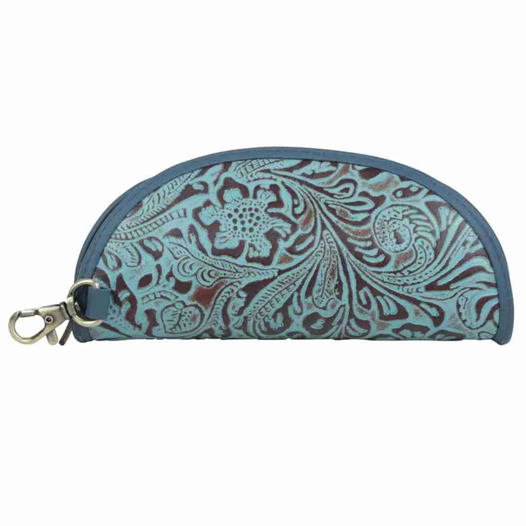 Turquoise embossed sunglass case with floral tooling and a clip