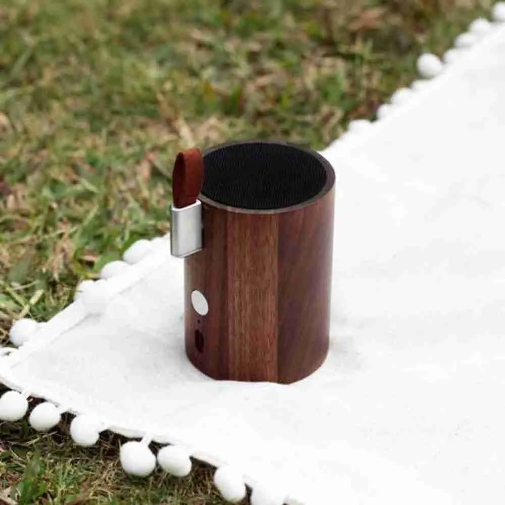 Walnut drum light speaker on a picnic blanket outdoors