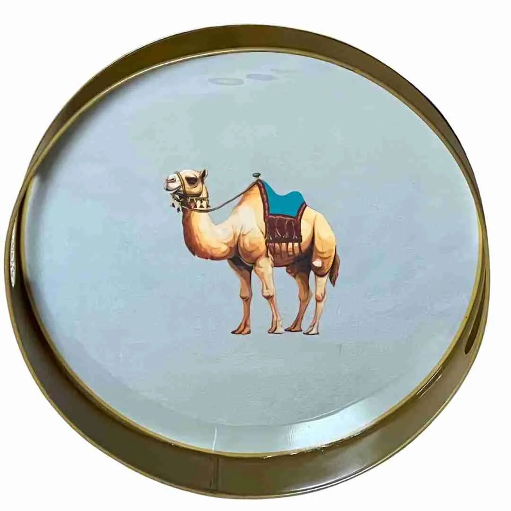 Round camel tray on a white background, showing the gold edge