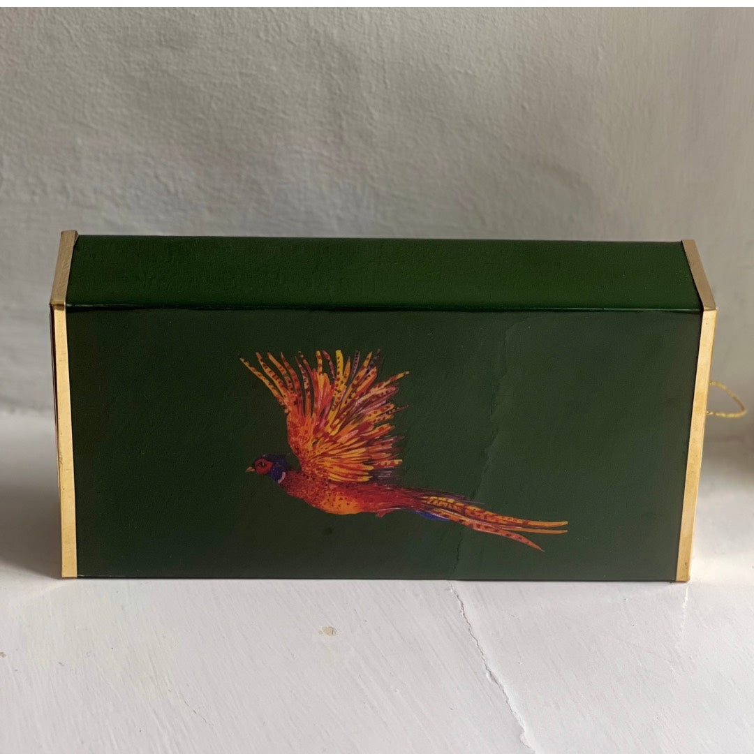 Pheasant oversized matchbox in bottle green enamel and brass, front view