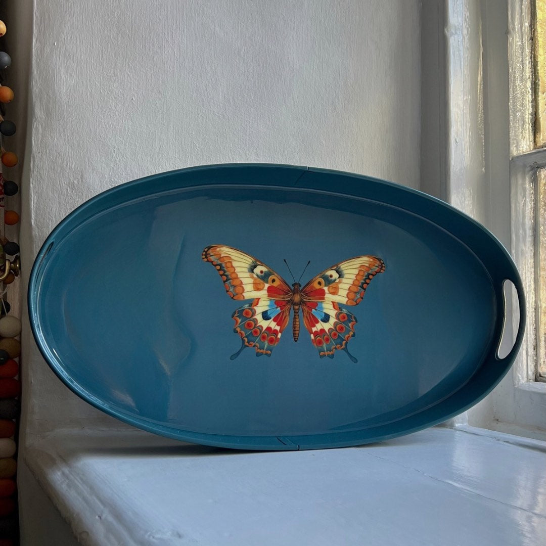 Butterfly large oval tray in teal enamel and brass, top view