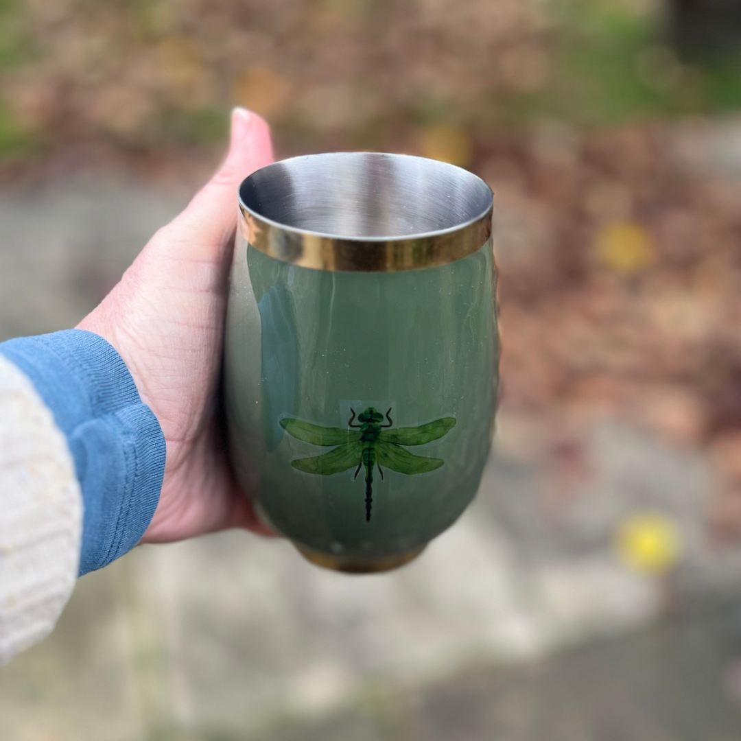 Bottle green insulated wine tumbler with a Dragonfly design
