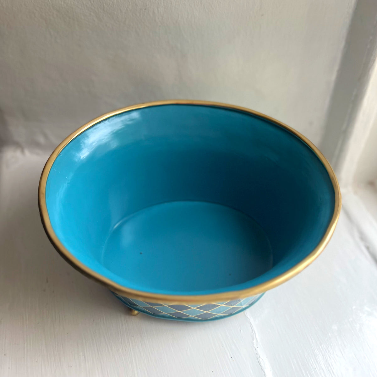 Inside of the Denim Blue Harlequin planter, showing the blue enamel