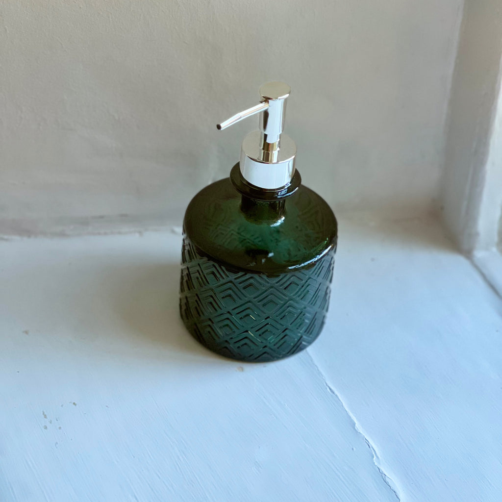 Dark green recycled glass soap dispenser, side view