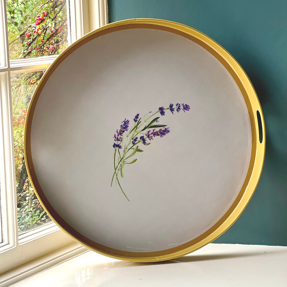 Large round ottoman tray in gold with a Lavender design