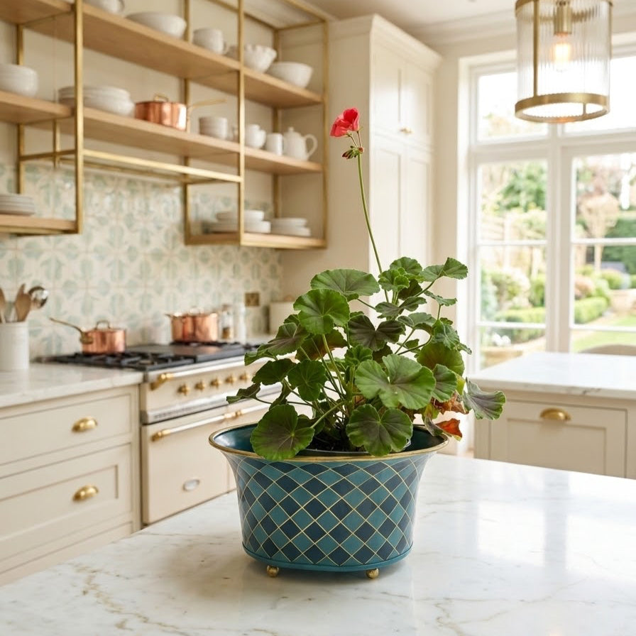 Harlequin enamel and brass tabletop planter in Denim Blue with a geranium in a kitchen