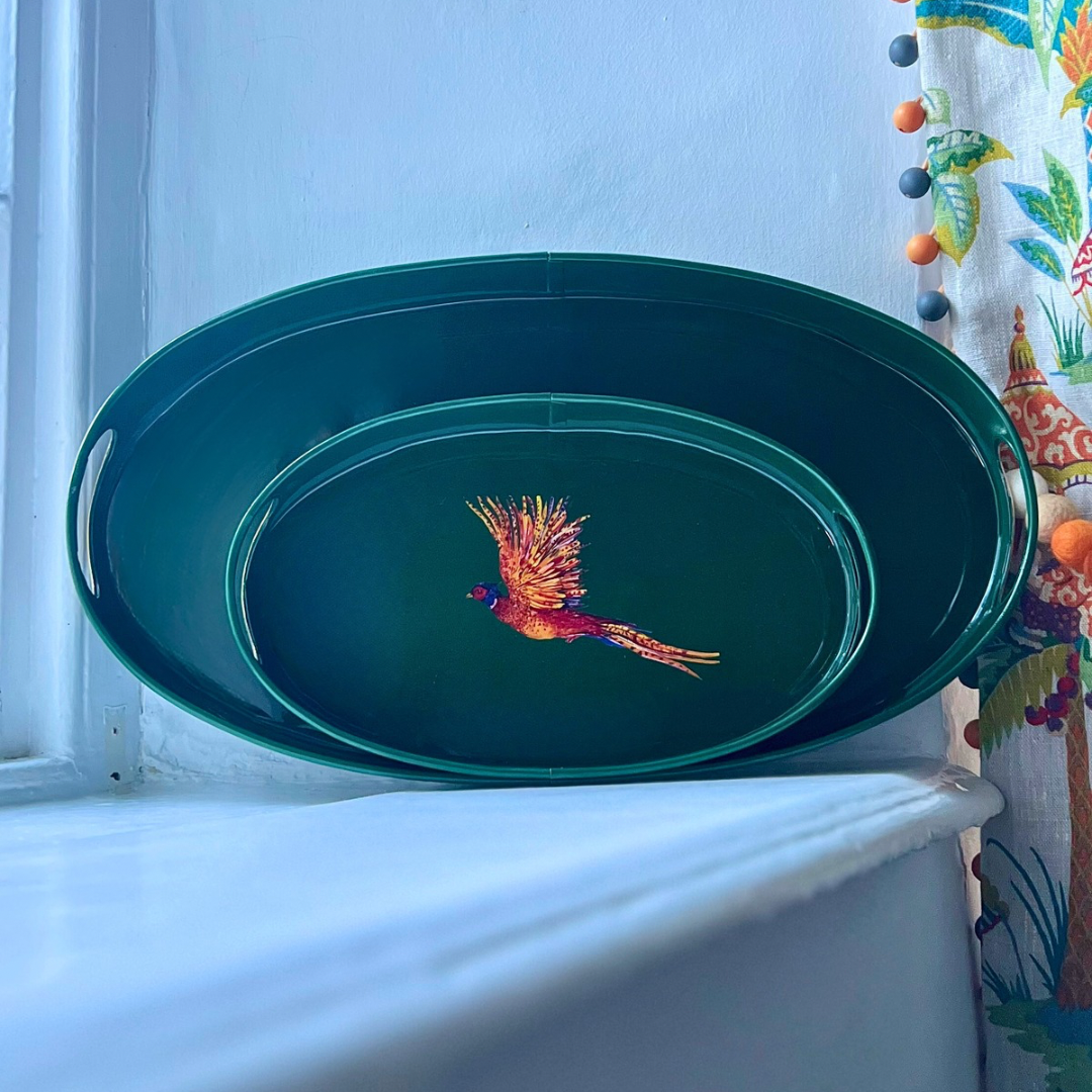Pheasant small oval tray in bottle green enamel and brass, front view