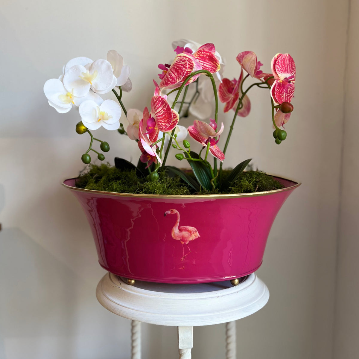 Flamingo ornamental planter with brass rim and feet