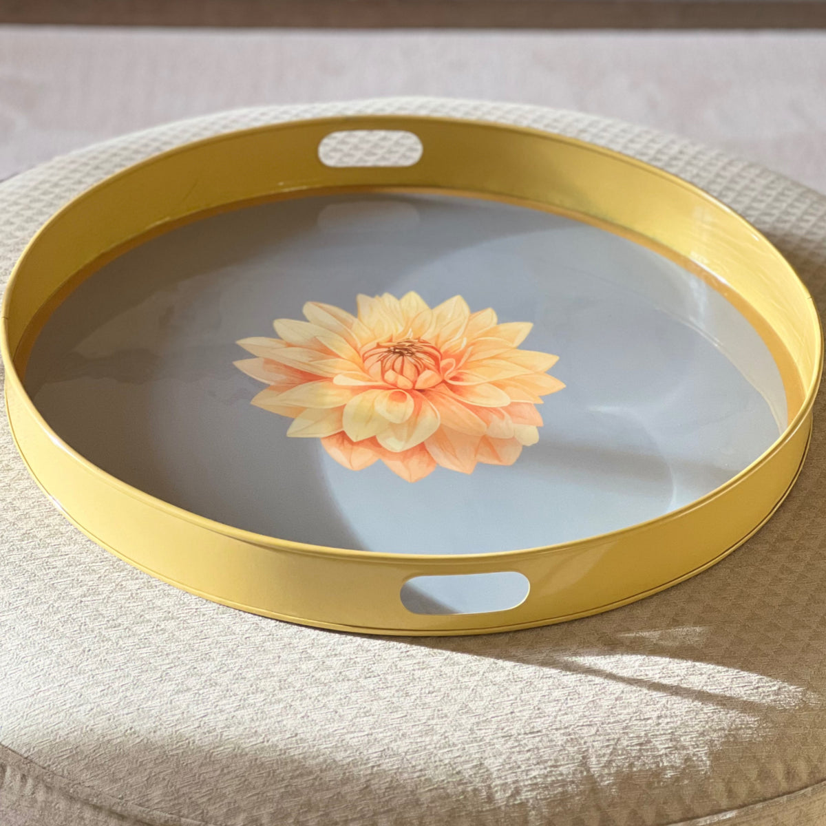 Yellow Dahlia ottoman tray with cut-out handles