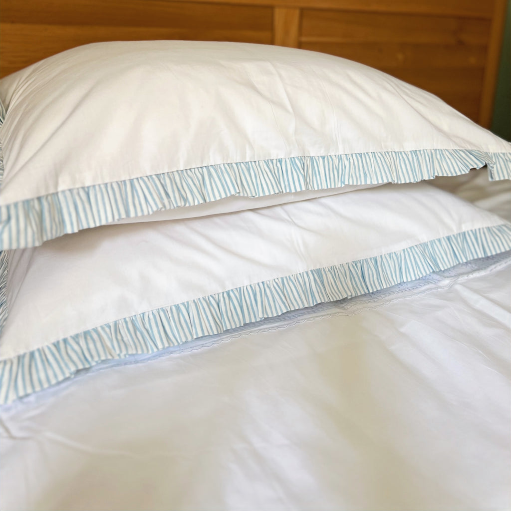 Sea Breeze Blue striped frill edges on white cotton pillowcases