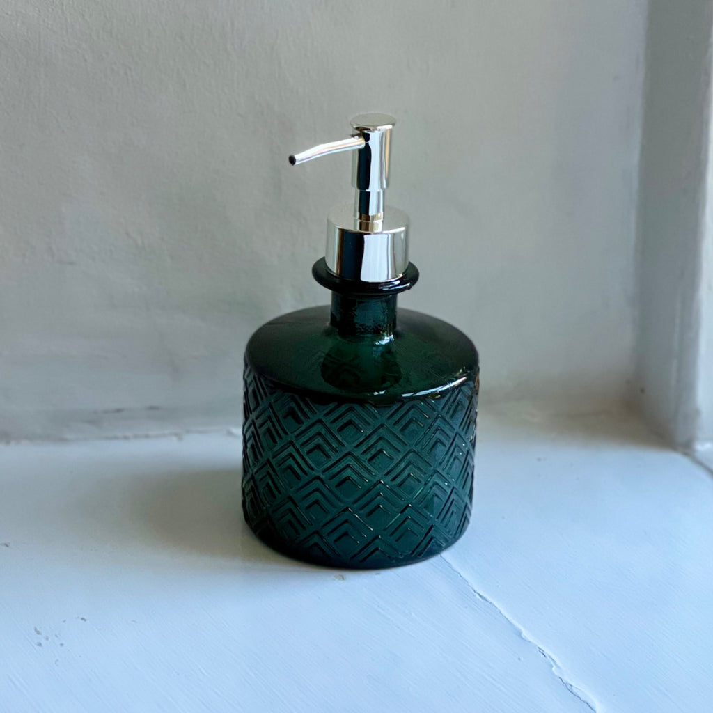 Green textured recycled glass soap dispenser with a silver pump