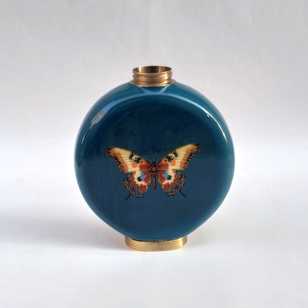Teal enamel soap dispenser with Anne-Marie's Butterfly design