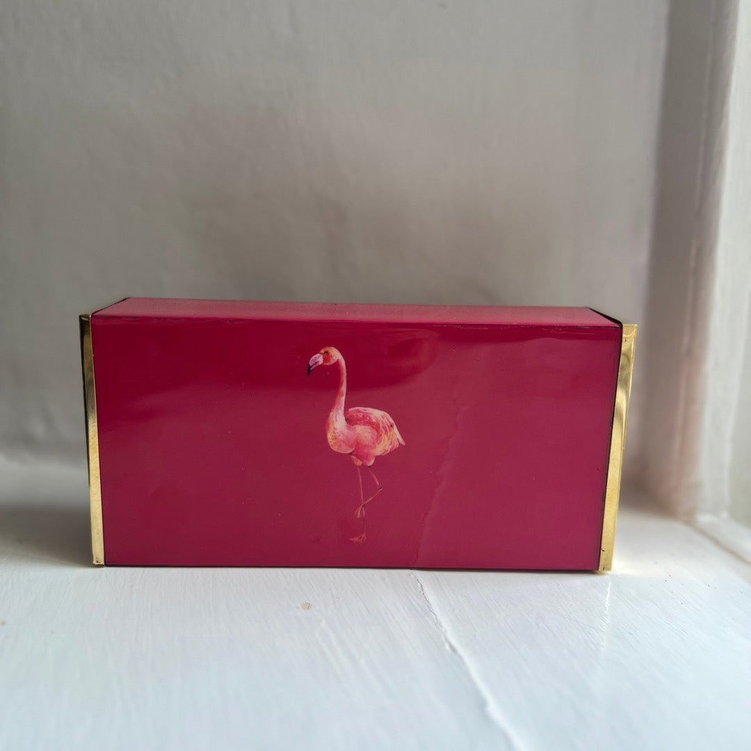 Flamingo oversized matchbox in raspberry pink enamel and brass, front view