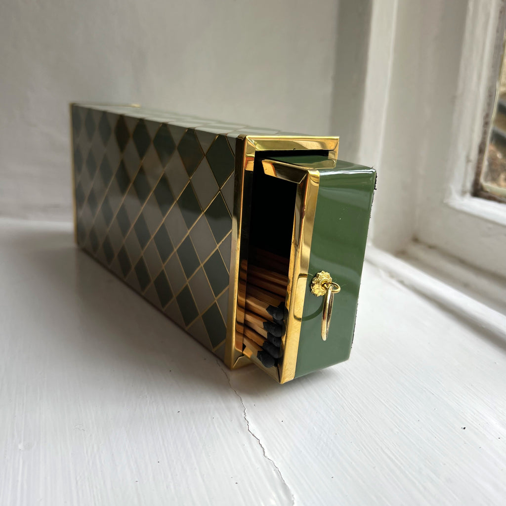 Harlequin oversized matchbox in Sage Green with the drawer open