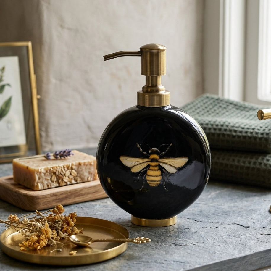 Honeybee enamel and brass soap dispenser in black on a tray