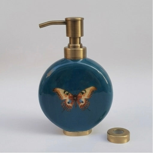 Butterfly enamel soap dispenser with brass pump and diffuser ring