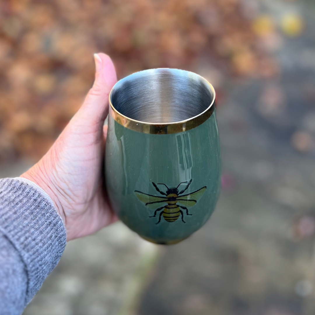 Bottle green insulated wine tumbler with a Honeybee design