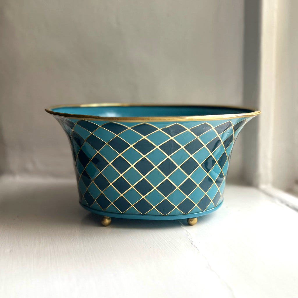Harlequin enamel and brass tabletop planter in Denim Blue on brass feet