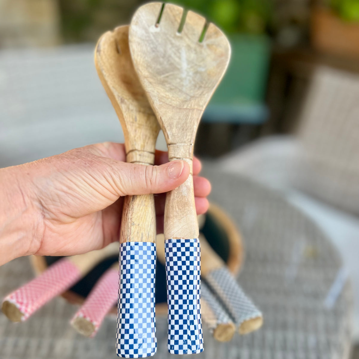 Wooden salad servers with blue checked enamel handles