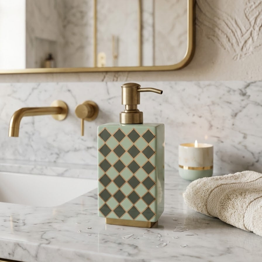 Harlequin enamel and brass multi-use bottle in Sage Green as a soap dispenser beside a basin