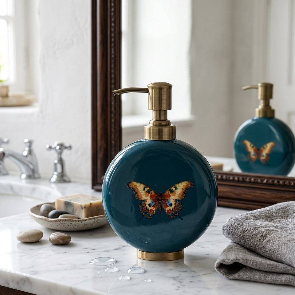 Butterfly enamel and brass soap dispenser in teal beside a bathroom basin