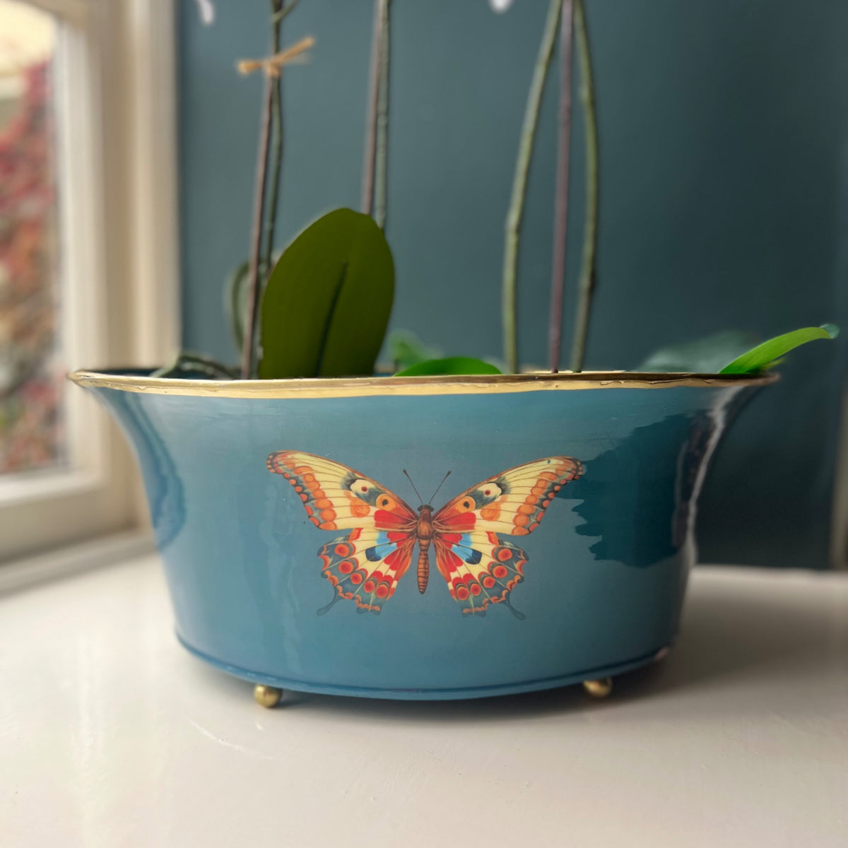 Blue enamel planter with Anne-Marie's Butterfly design