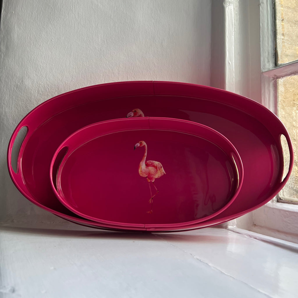 Flamingo small oval tray in raspberry pink enamel and brass, front view