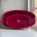 Flamingo small oval tray in raspberry pink enamel and brass, front view