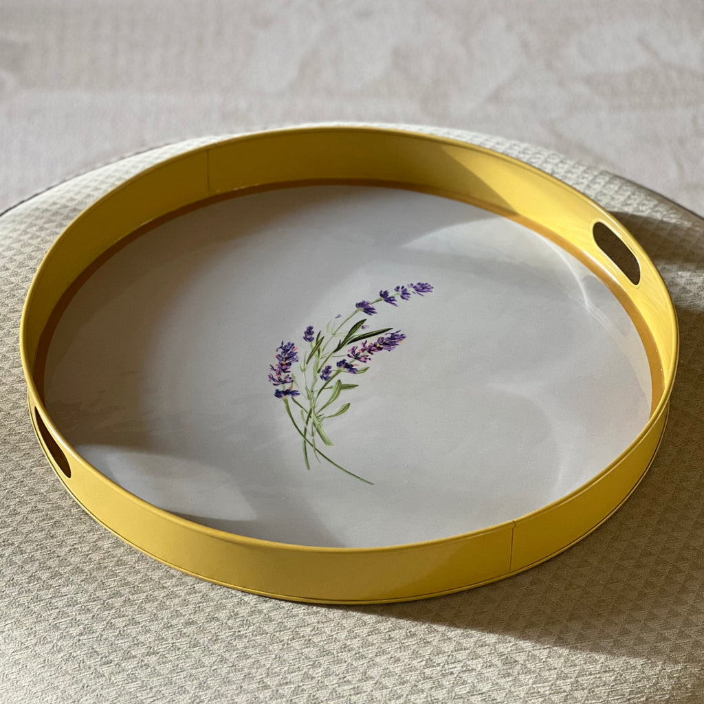 Large gold ottoman tray with a lavender sprig design and cut-out handles