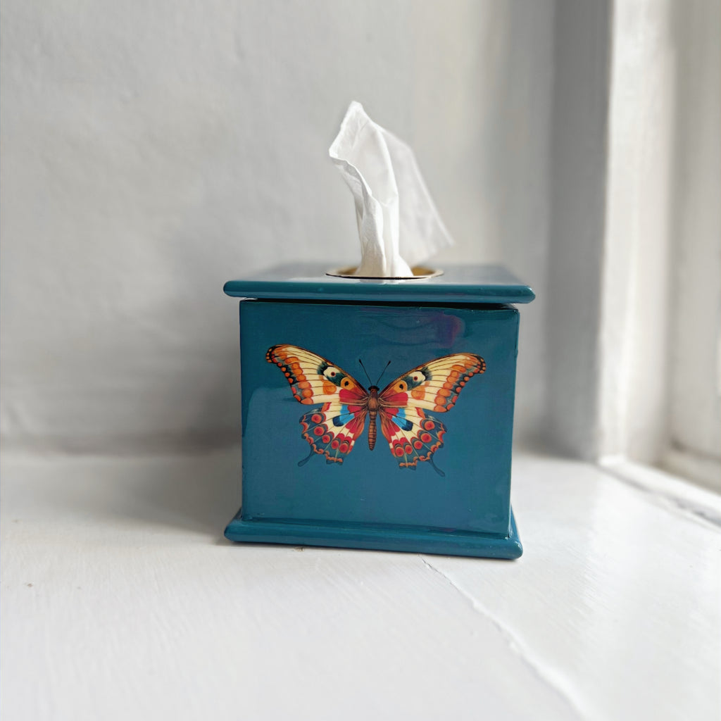 Butterfly square tissue box in teal enamel and brass, front view