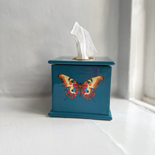 Butterfly square tissue box in teal enamel and brass, front view