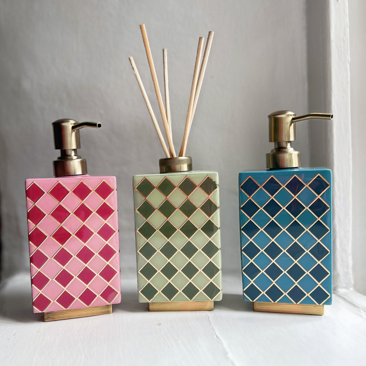Harlequin multi-use bottles in Raspberry Pink, Sage Green and Denim Blue