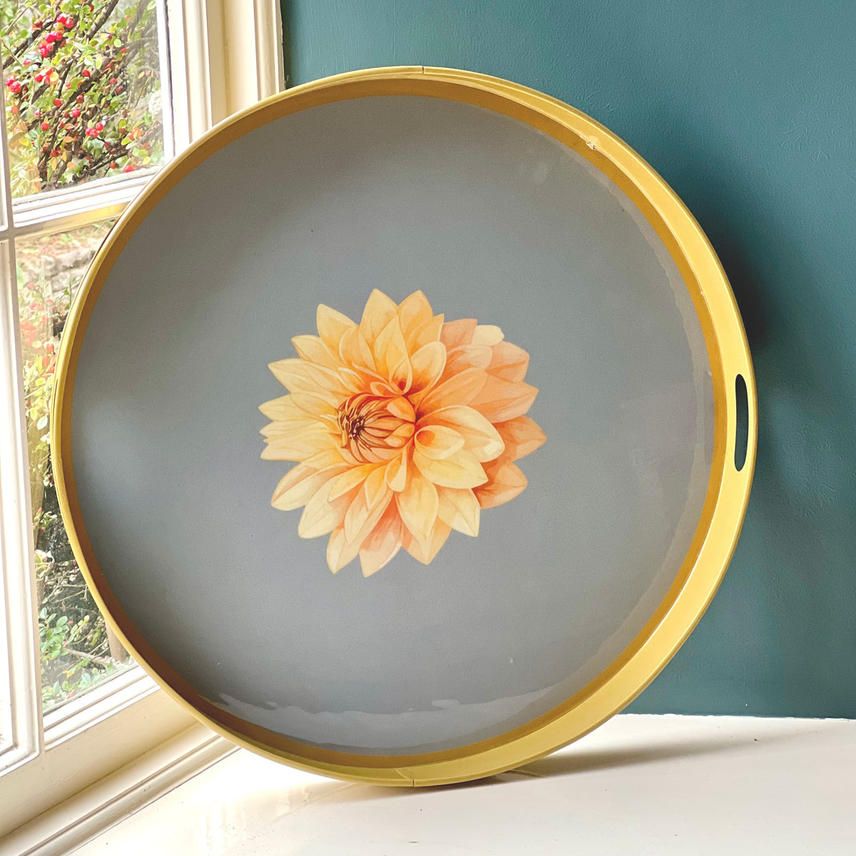 Large round ottoman tray in gold with a Yellow Dahlia design