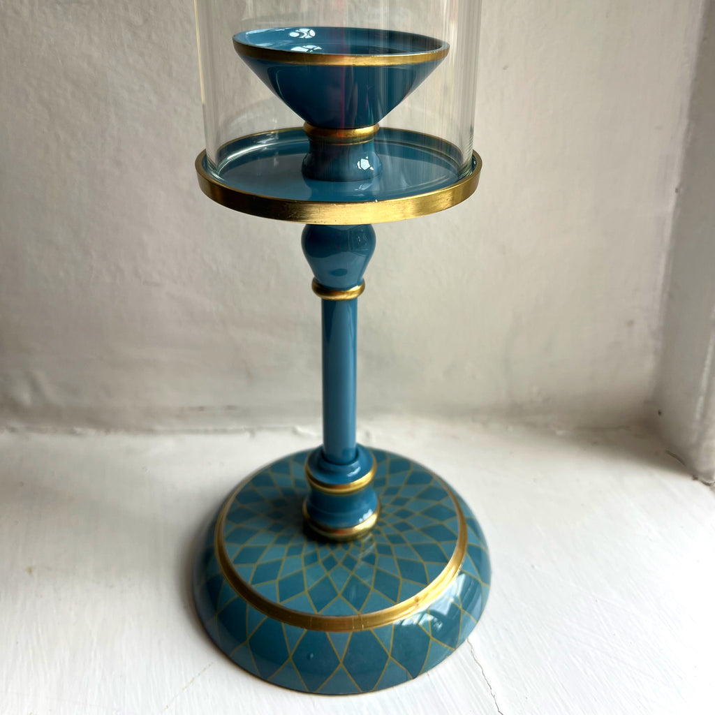 Denim Blue hurricane candle holder, close-up of the enamelled base