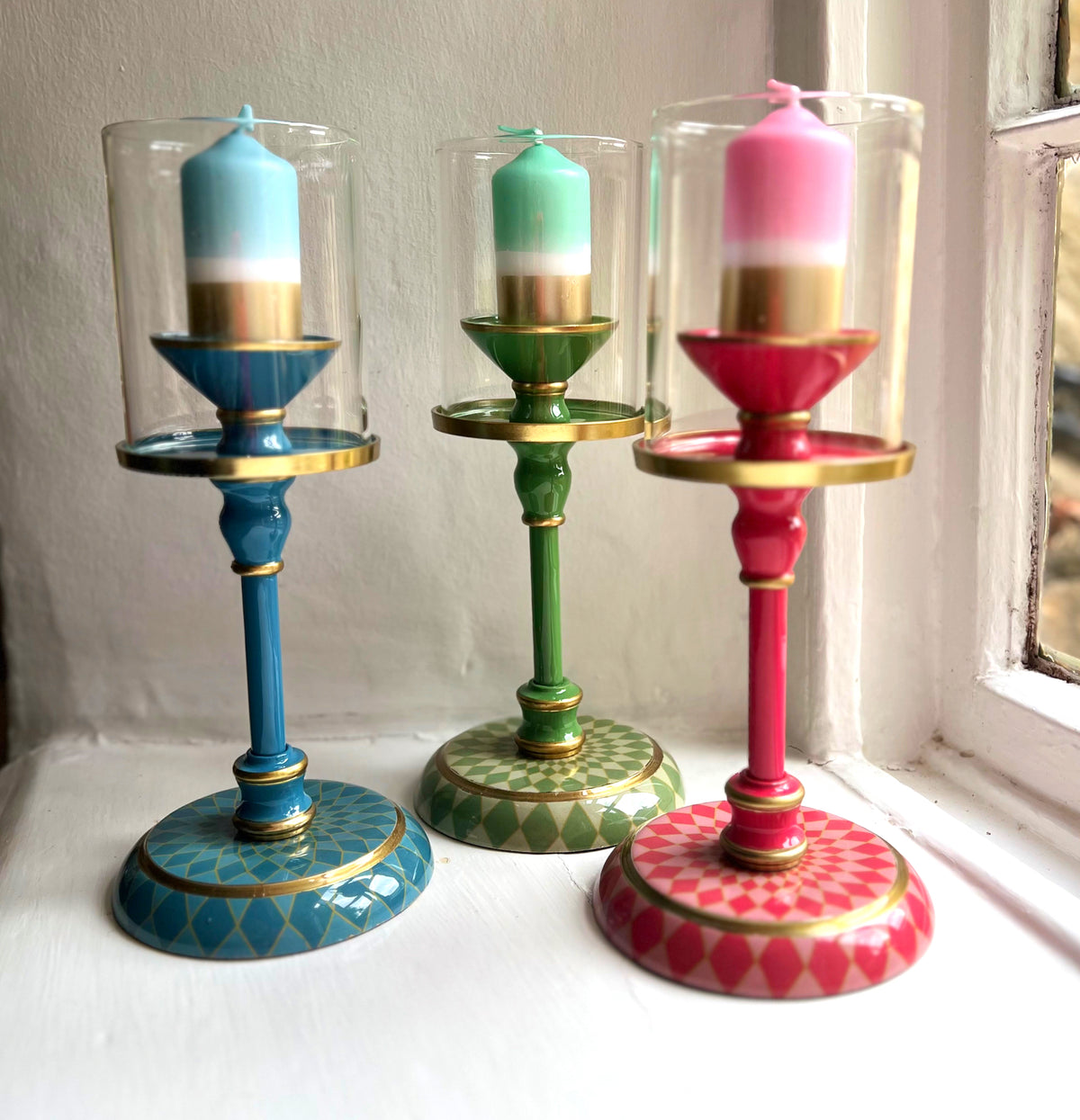 Harlequin hurricane candle holders in Denim Blue, Sage Green and Raspberry Pink