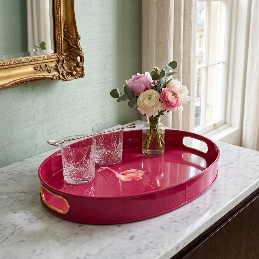 Flamingo large oval tray in raspberry pink enamel and brass with glasses and flowers