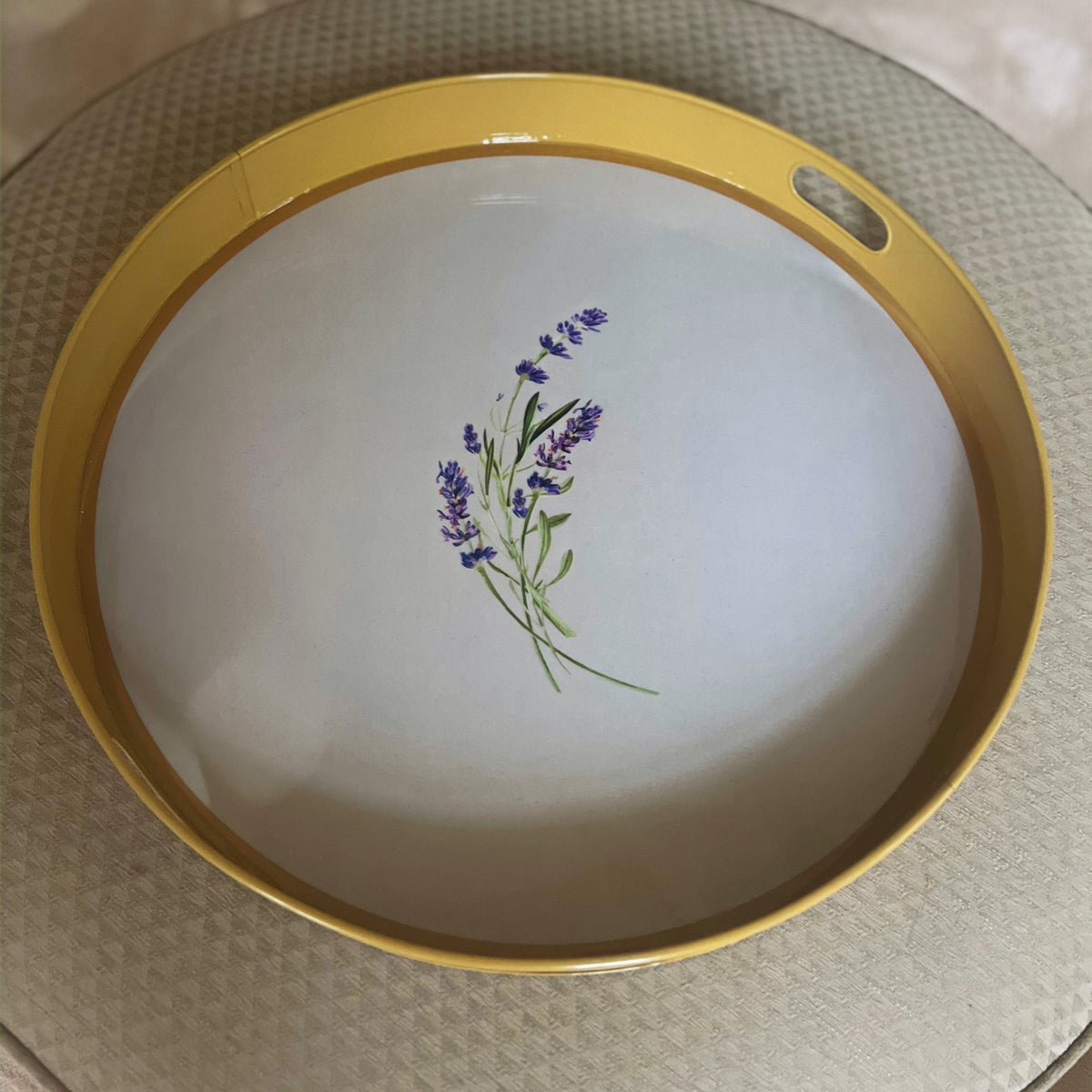 Lavender design ottoman tray viewed from above