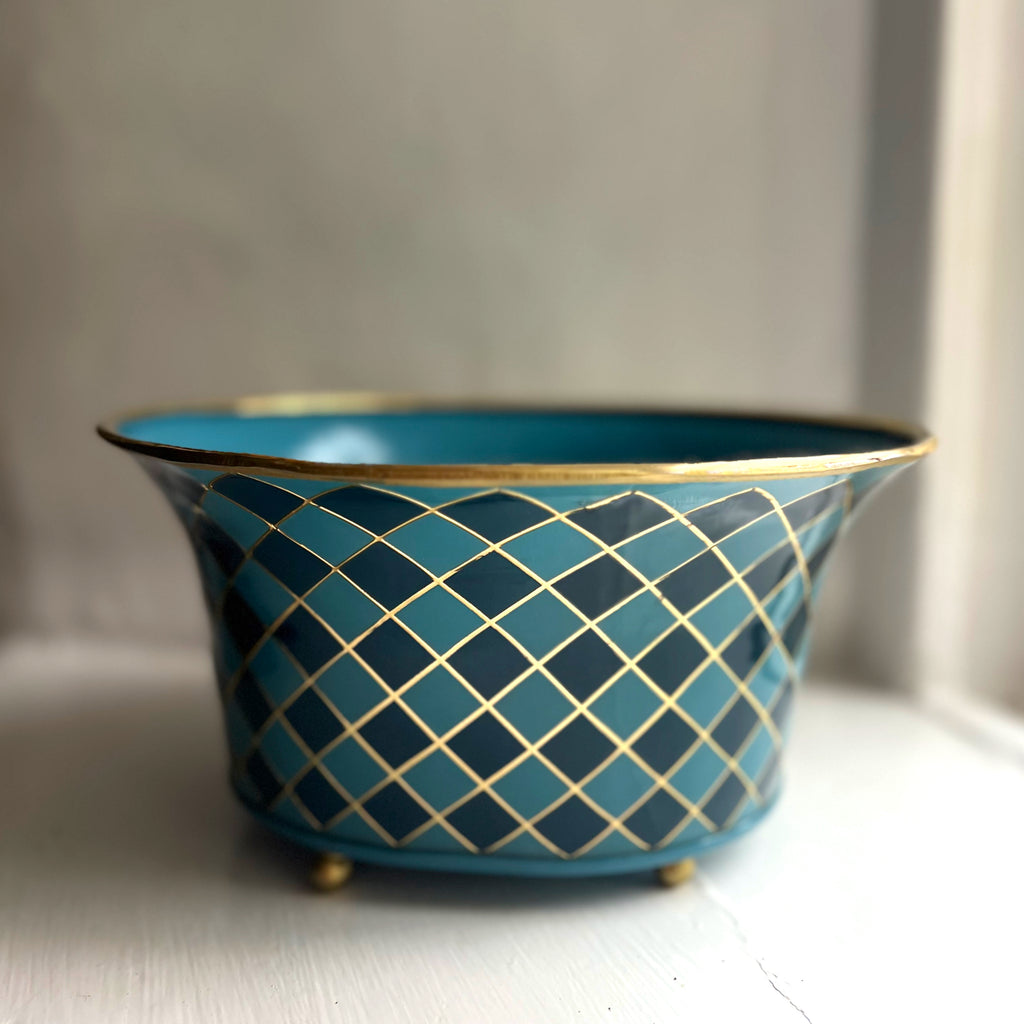 Harlequin enamel and brass tabletop planter in Denim Blue, side view