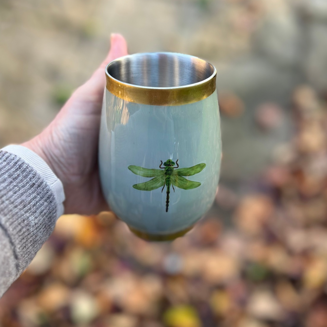 Sage green insulated wine tumbler with a Dragonfly design