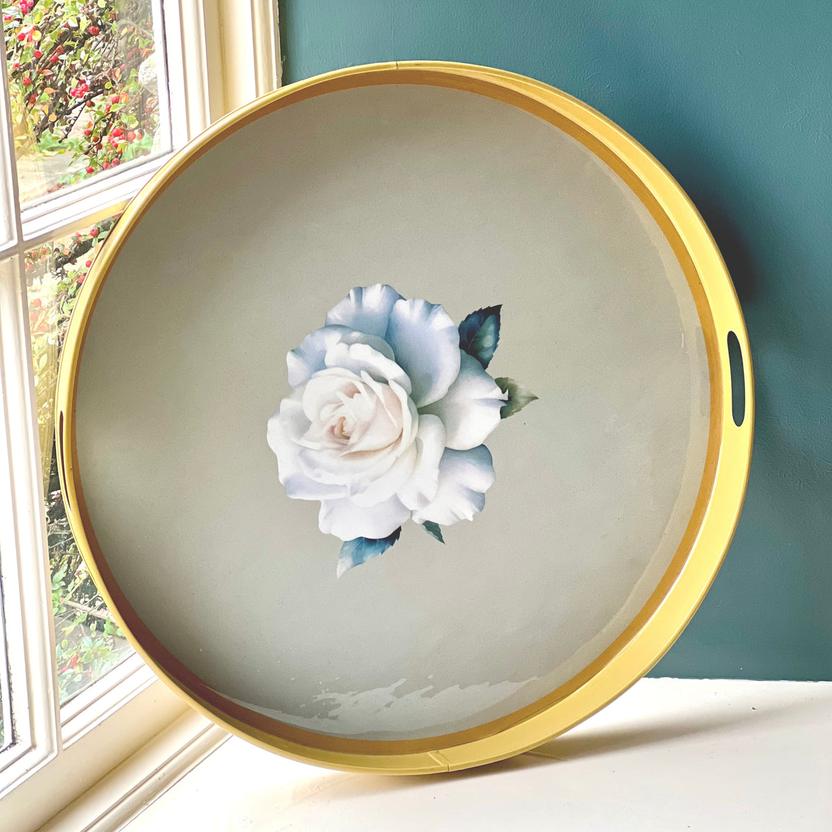 Large round ottoman tray in gold with a White Rose design