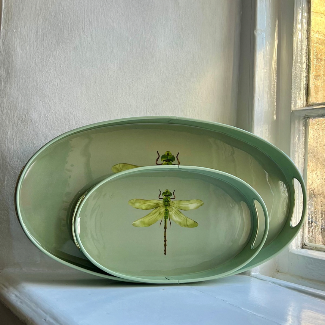 Dragonfly small oval tray in sage green enamel and brass, front view