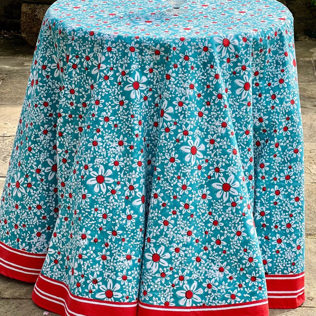 Turquoise daisies round tablecloth with a red striped border