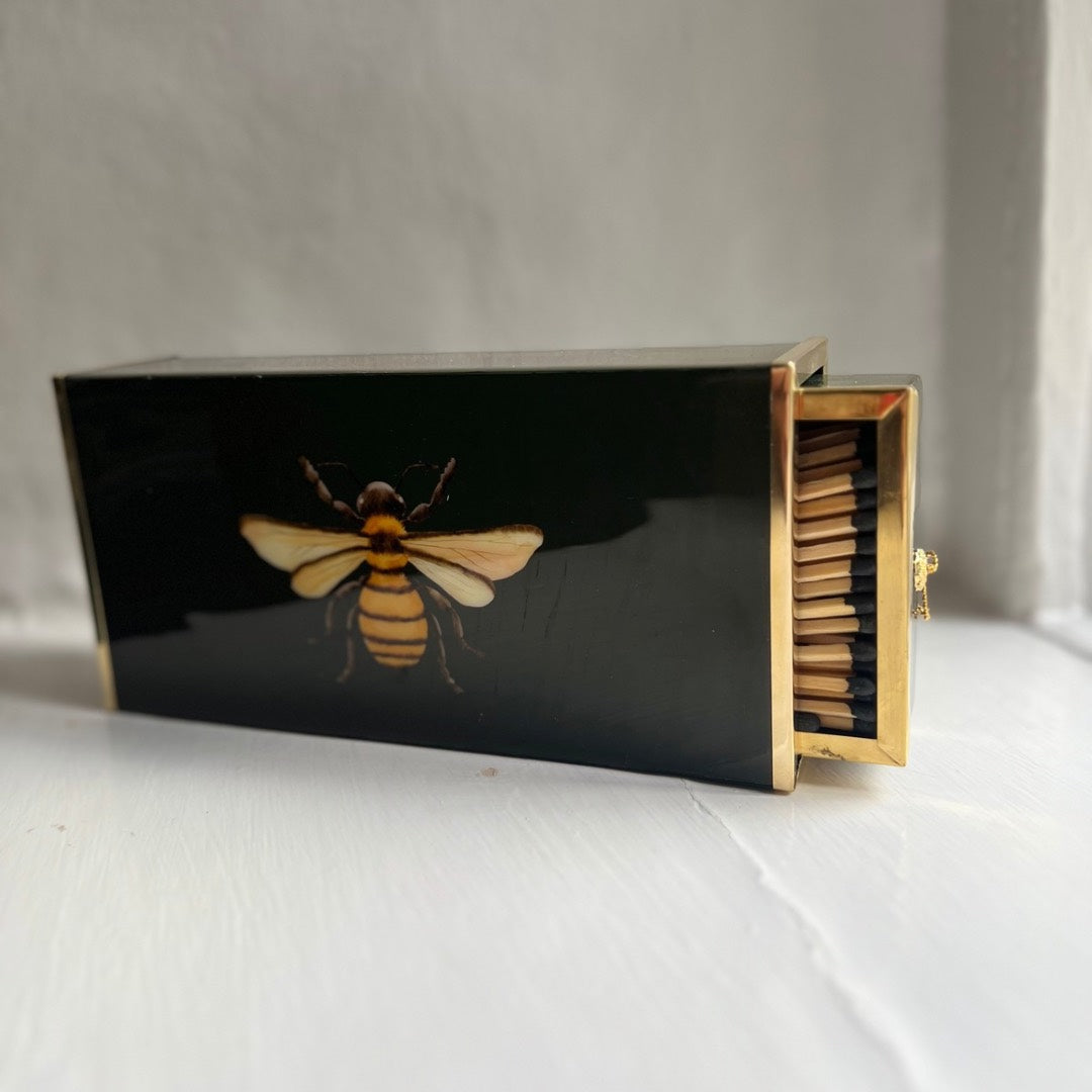 Honeybee oversized matchbox in dark green enamel and brass, front view
