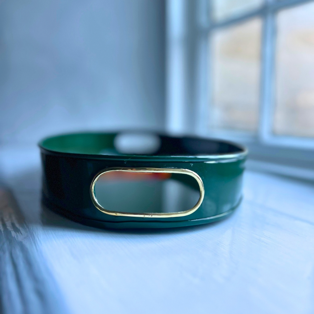 Pheasant large oval tray in bottle green enamel and brass showing the cut-out handles