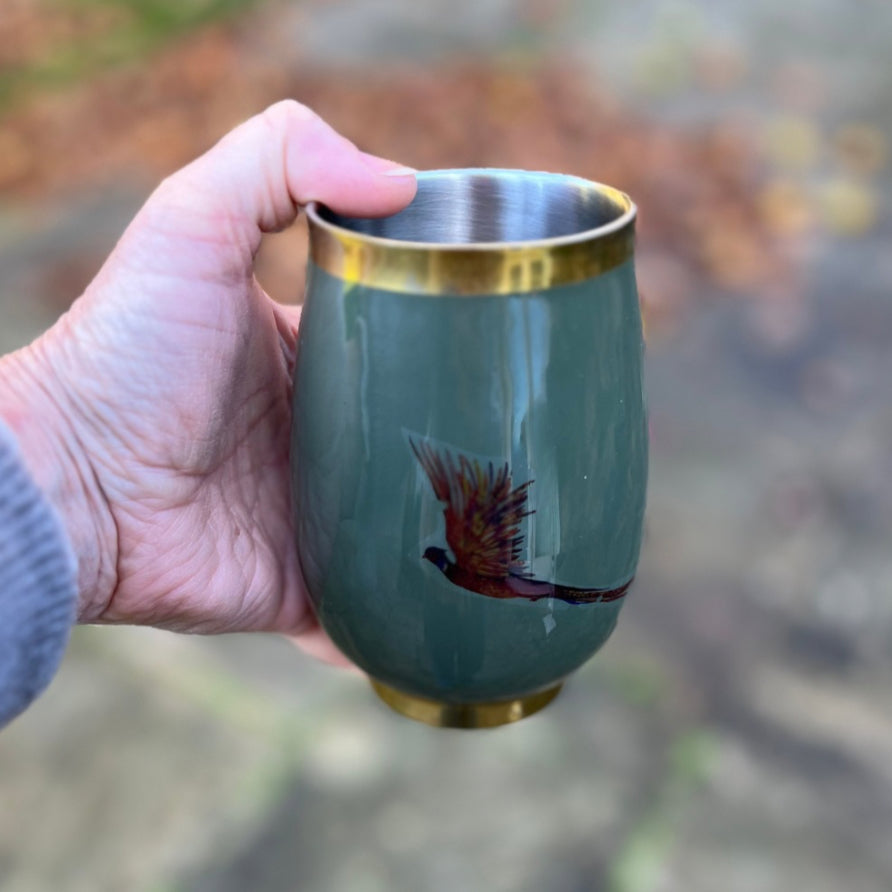 Bottle green insulated wine tumbler with a Pheasant design